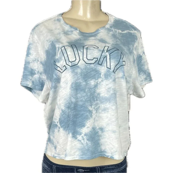 Lucky Brand L Blue Tie-Dye Logo Name Graphic Cotton Short Sleeve Crop Tee - Picture 2 of 6